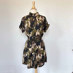 Camouflage Button-Up Short Sleeve Shirt Dress